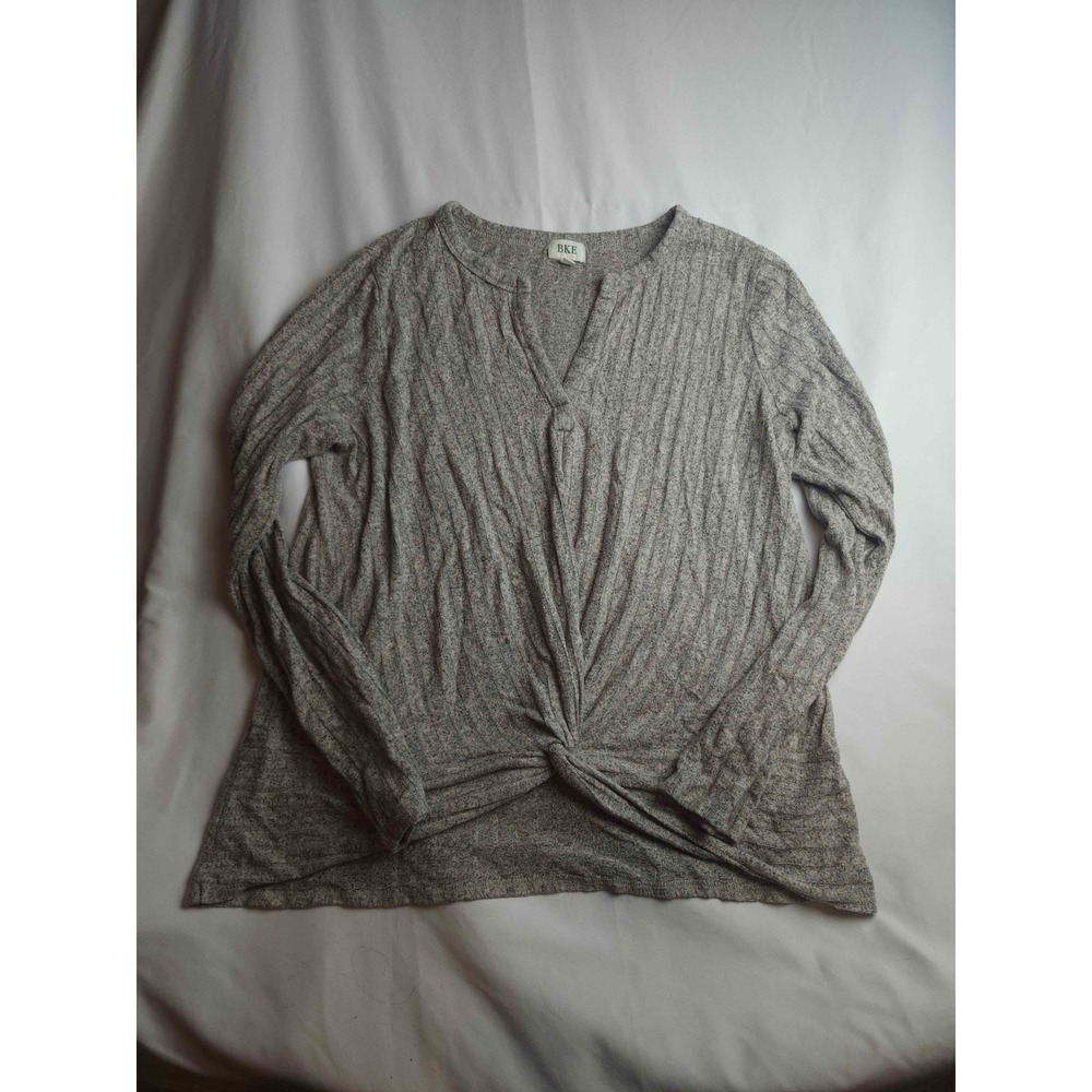 BKE Gray Ribbed Knit Twist Front Long Sleeve Top XL